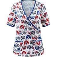 VEMOW Uniforme de Trabajo Camisas para Mujeres Cuello Y Manga Corta- Motivo de Pascua Impreso Sanitario Uniforme Cordón…